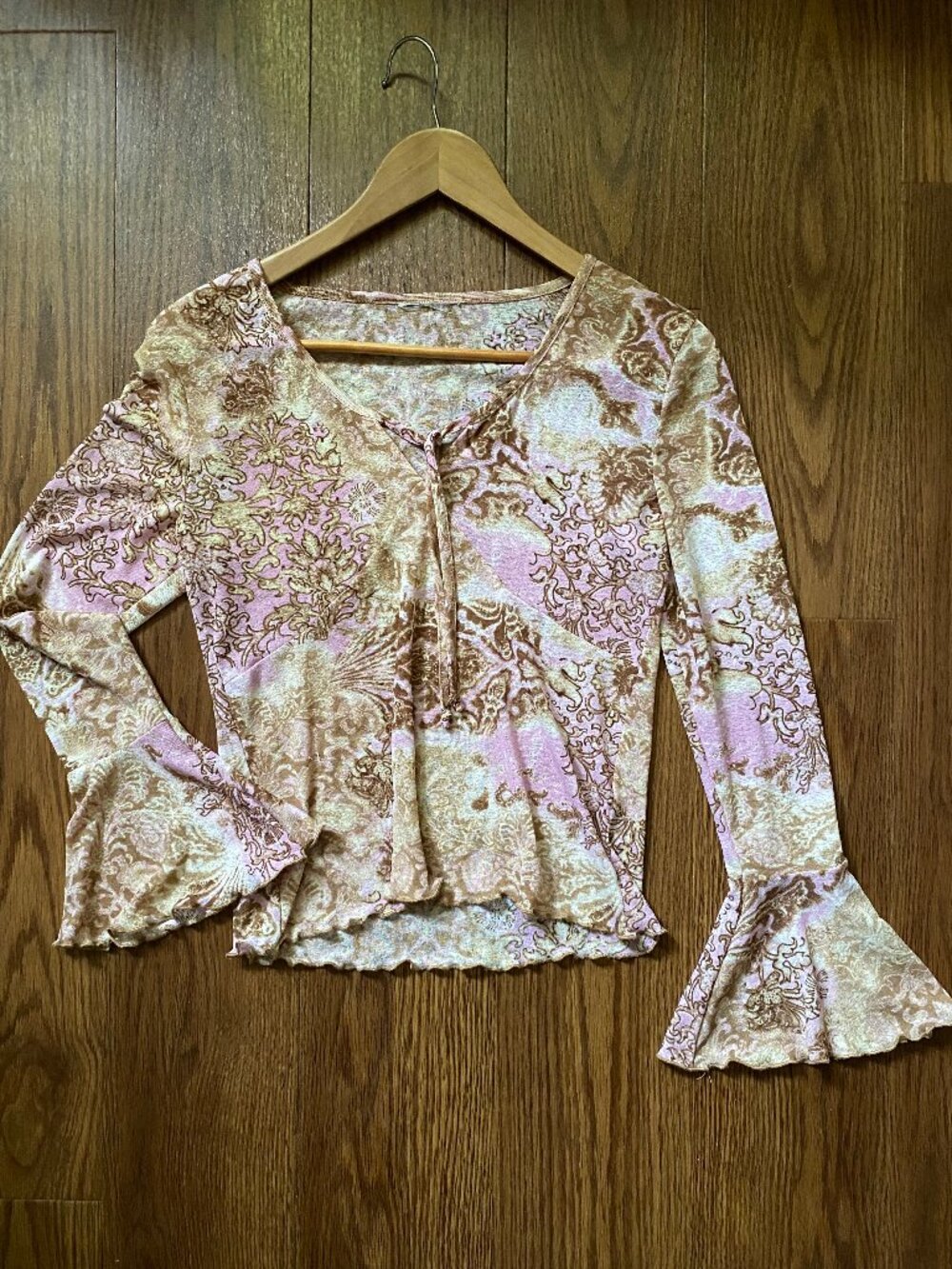 Vintage Y2K Pink Brown Paisley Bell Sleeve Lettuce Hem Top - XS